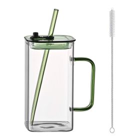 1 Pcs Green Glass Straw Cup, 4 Colors Square Glass Cup With Straw And Lid, High Borosilicate Glass Cup, Milk Cup, Juice Cup, Cold Drink Cup