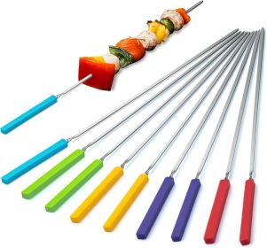 Grill Skewers with Silicone Handle, 16" Long Kebab Skewers, 10 Pack Reusable Stainless Steel Flat Skewer Sticks for Party Grilling BBQ Barbecue