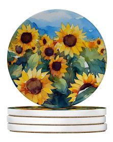 Sunflowers in Watercolor Large Sandstone Coasters Pack of 4 Absorbent Round Coasters Decor Gifts for Men or Women, 4 in, Multicolor